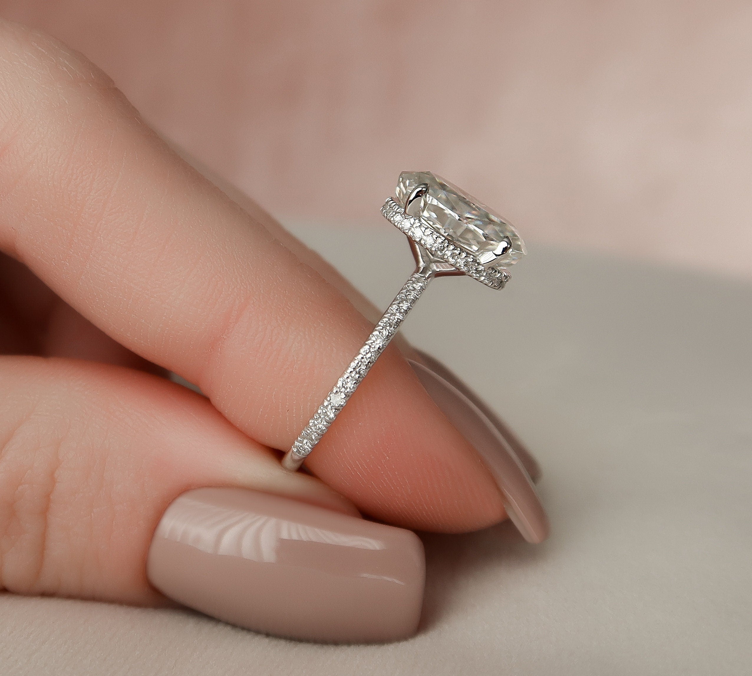 3.0 CT Oval Pave Setting & Hidden Halo Moissanite Engagement Ring 2