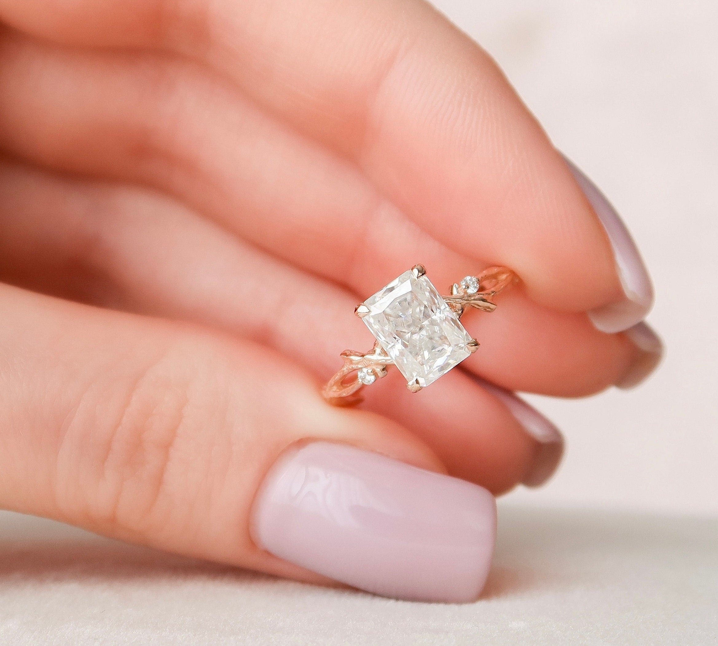 2.0 CT Radiant Solitaire & Twig Pave Moissanite Engagement Ring 1