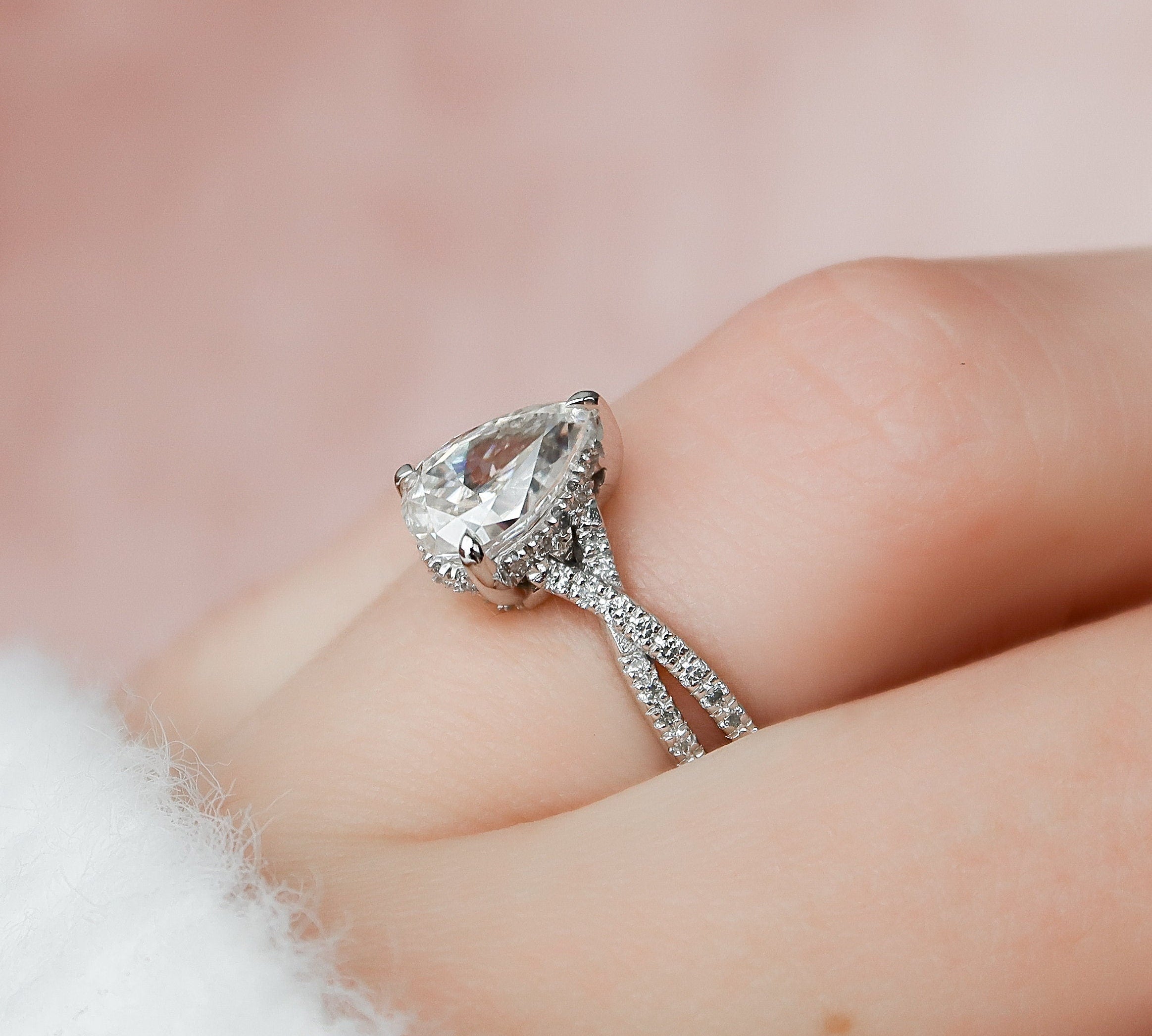 1.0 CT Pear Cut Criss Cross Pave Moissanite Engagement Ring 3