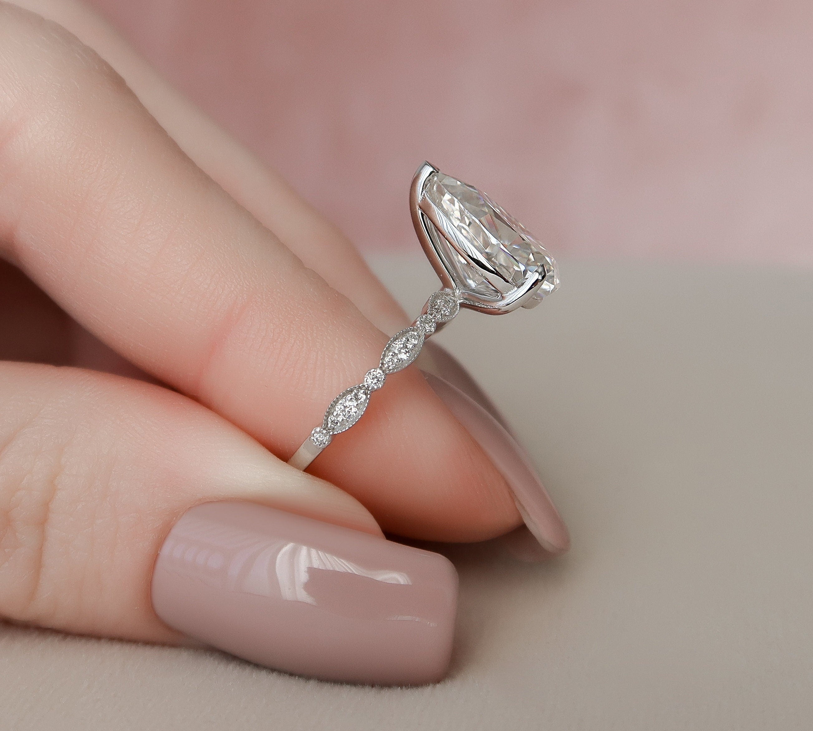 3.0 CT Pear Solitaire Milgrain Pave Moissanite Engagement Ring 2