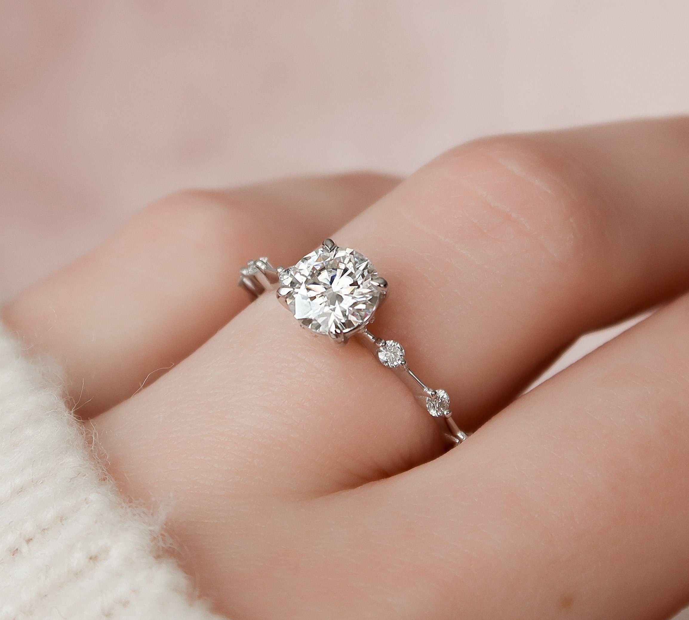 1.0 CT Round Solitaire & Dainty Pave Moissanite Engagement Ring 3