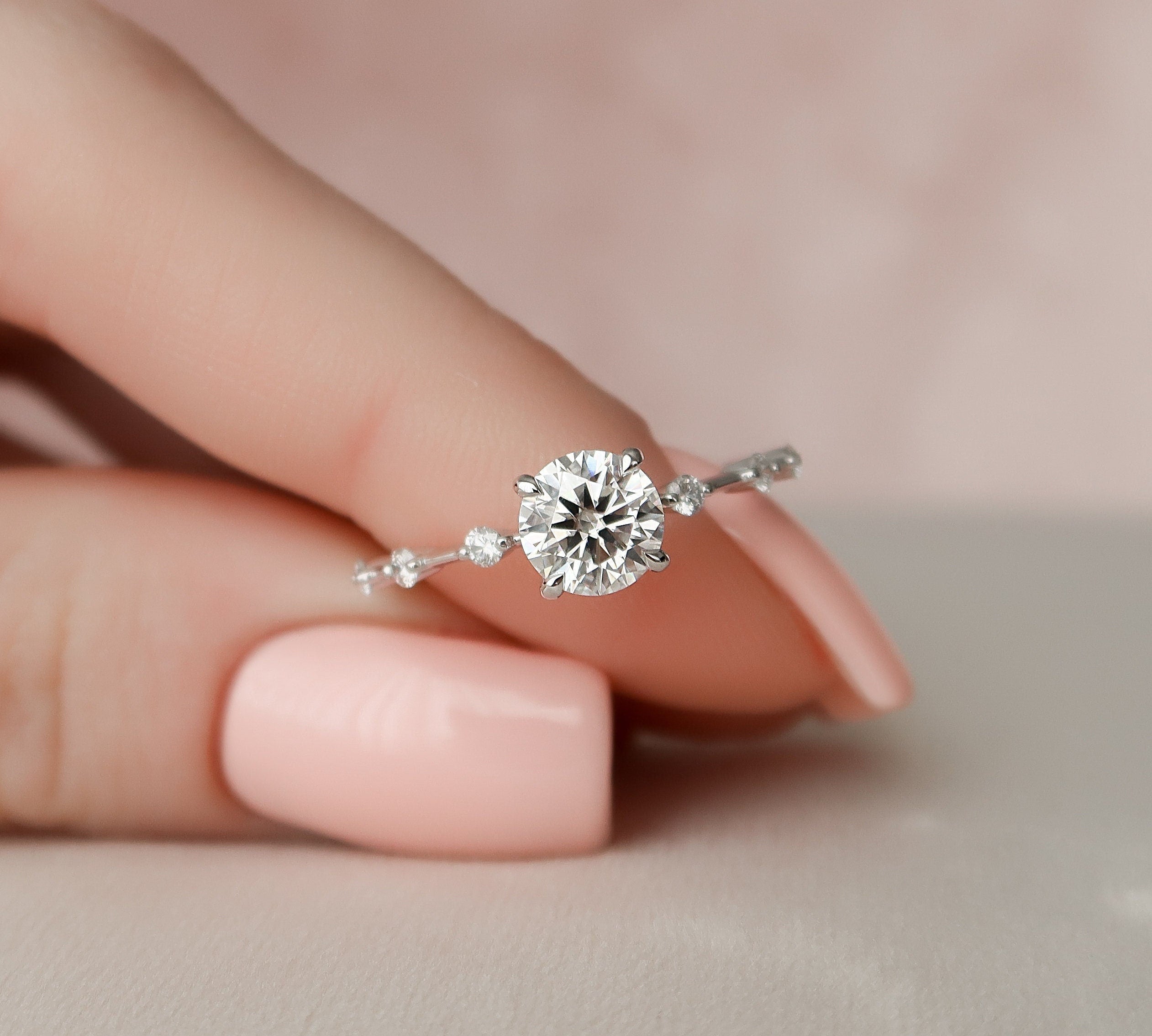 1.0 CT Round Solitaire & Dainty Pave Moissanite Engagement Ring 1