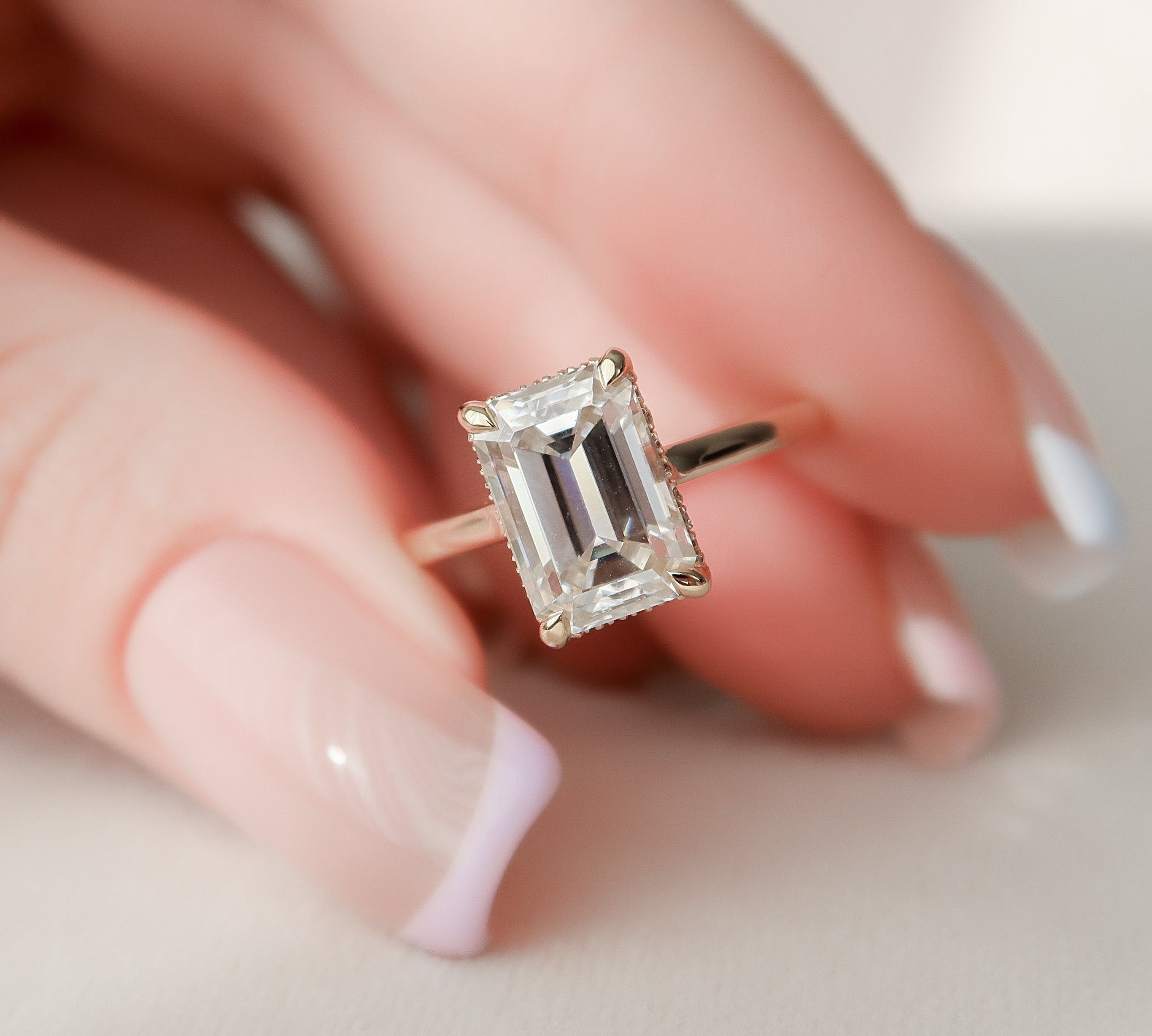 3.0 CT Emerald Cut Solitaire & Hidden Halo Moissanite Engagement Ring 1