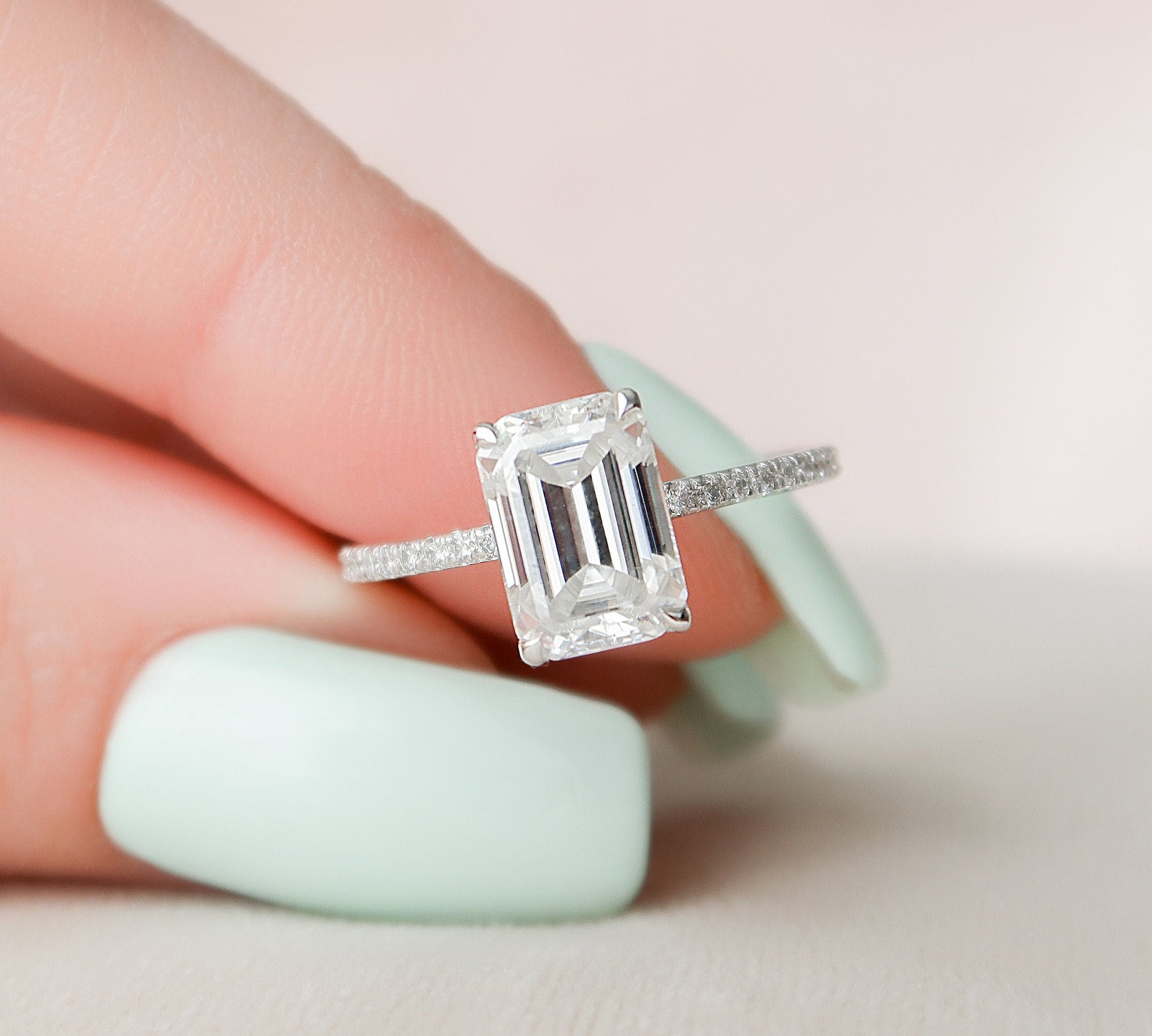 3.0 CT Emerald Cut Hidden Halo & Pave Moissanite Engagement Ring 1