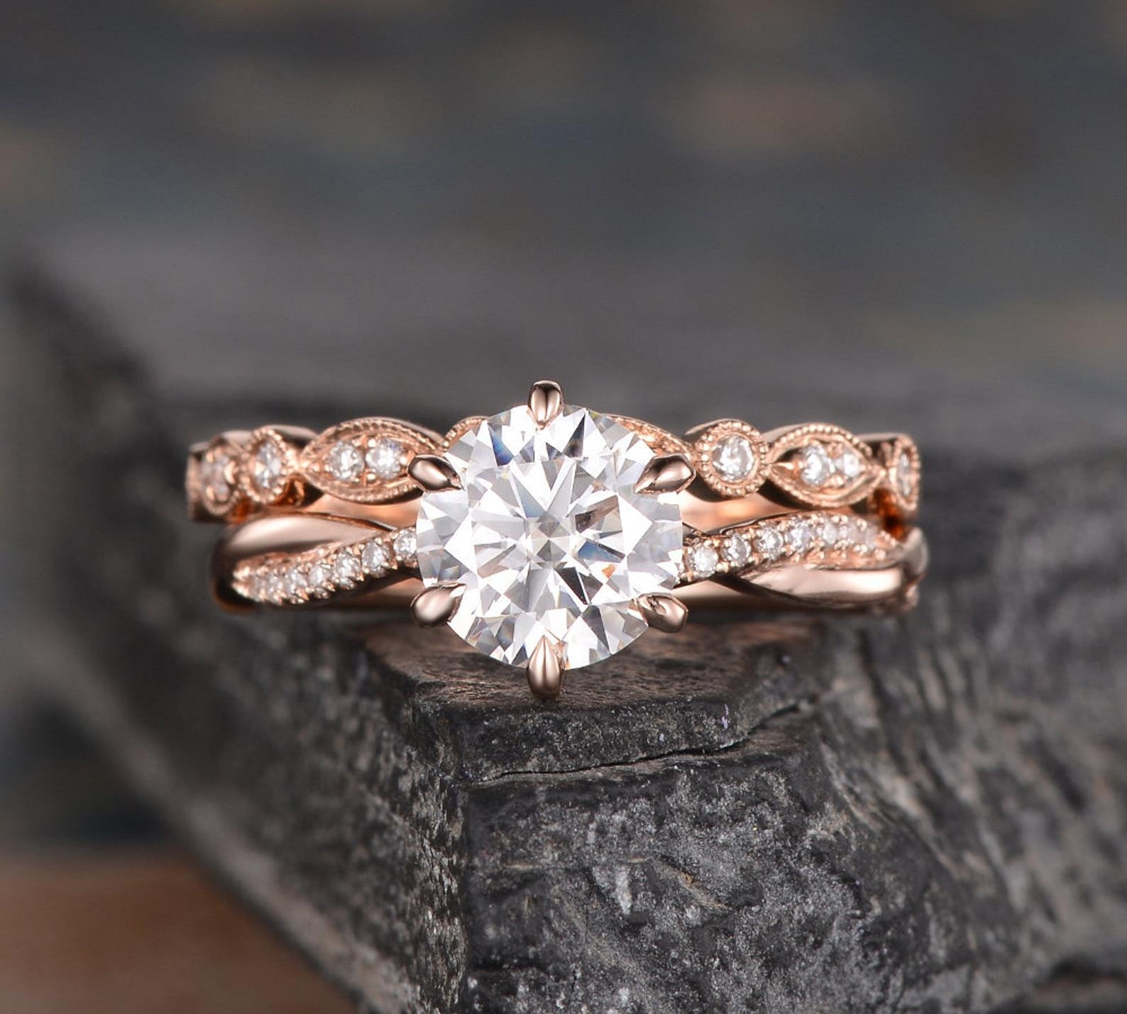 1.50 CT Round Cut Solitaire Milgrain Style Moissanite Bridal Ring Set 1