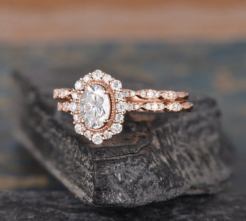 1.50 CT Oval Cut Halo Moissanite Bridal Ring Set 3