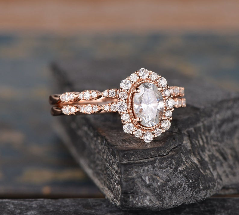1.50 CT Oval Cut Halo Moissanite Bridal Ring Set 2