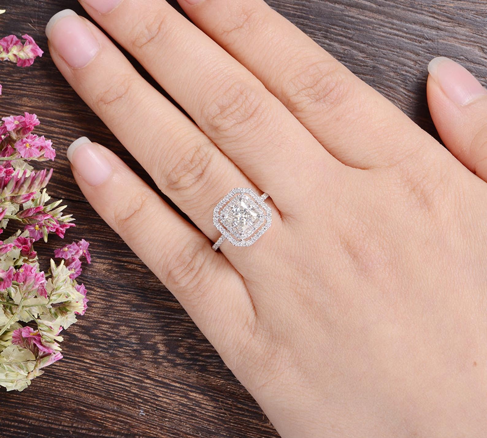 0.91 CT Radiant Cut Double Halo Moissanite Engagement Ring 2