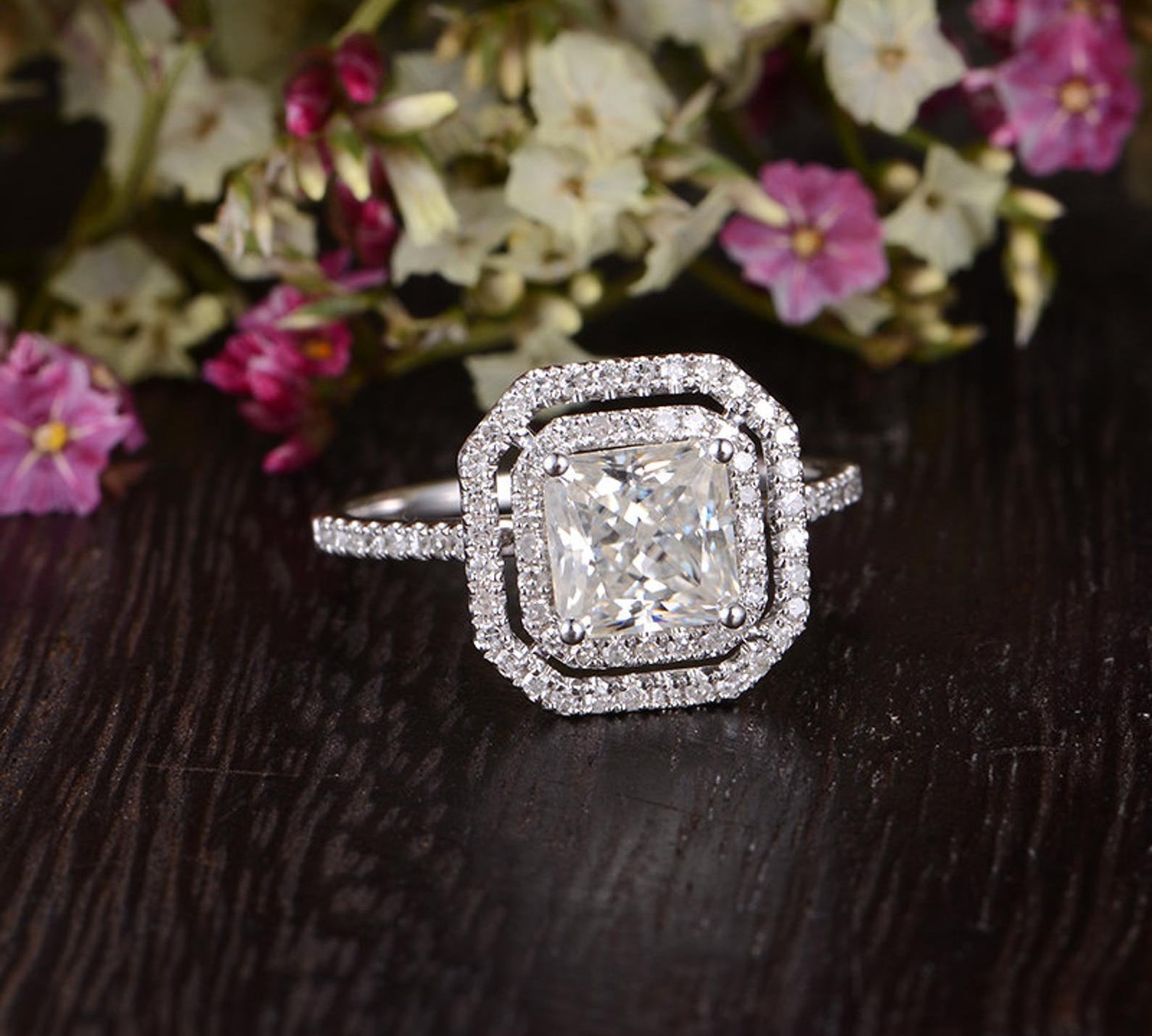 0.91 CT Radiant Cut Double Halo Moissanite Engagement Ring 3