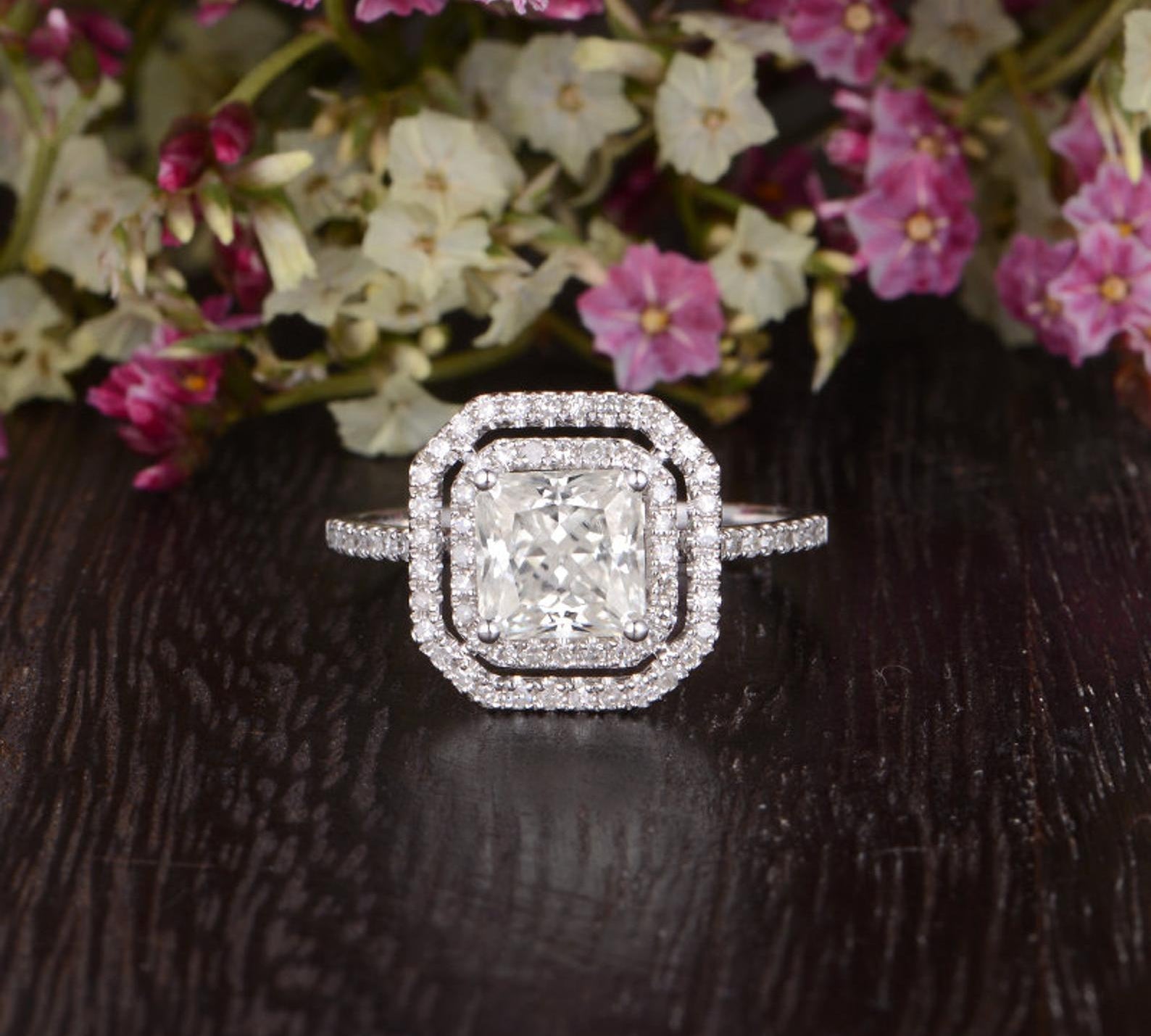 0.91 CT Radiant Cut Double Halo Moissanite Engagement Ring 1