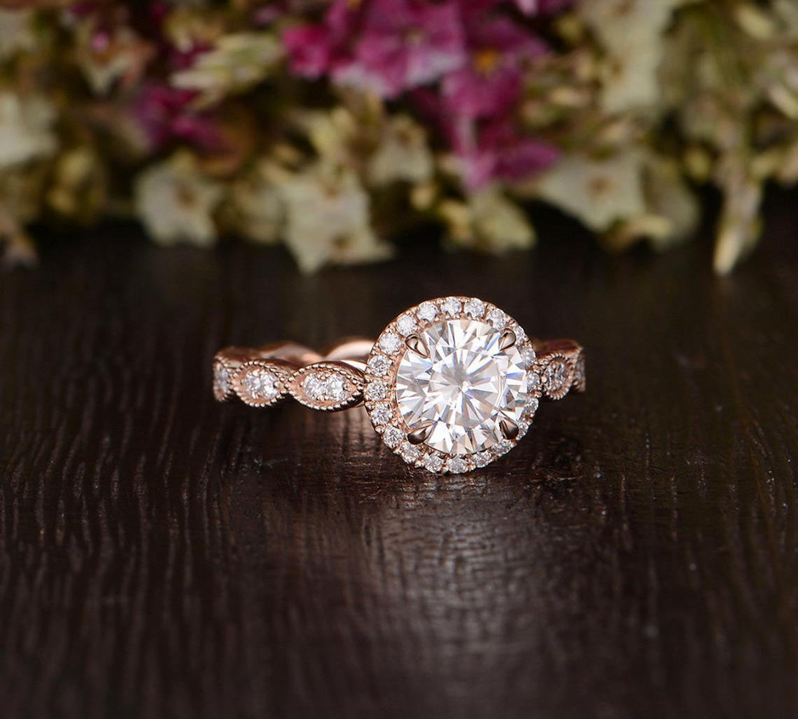 1.60 CT Round Cut Halo Milgrain Style Moissanite Engagement Ring 3