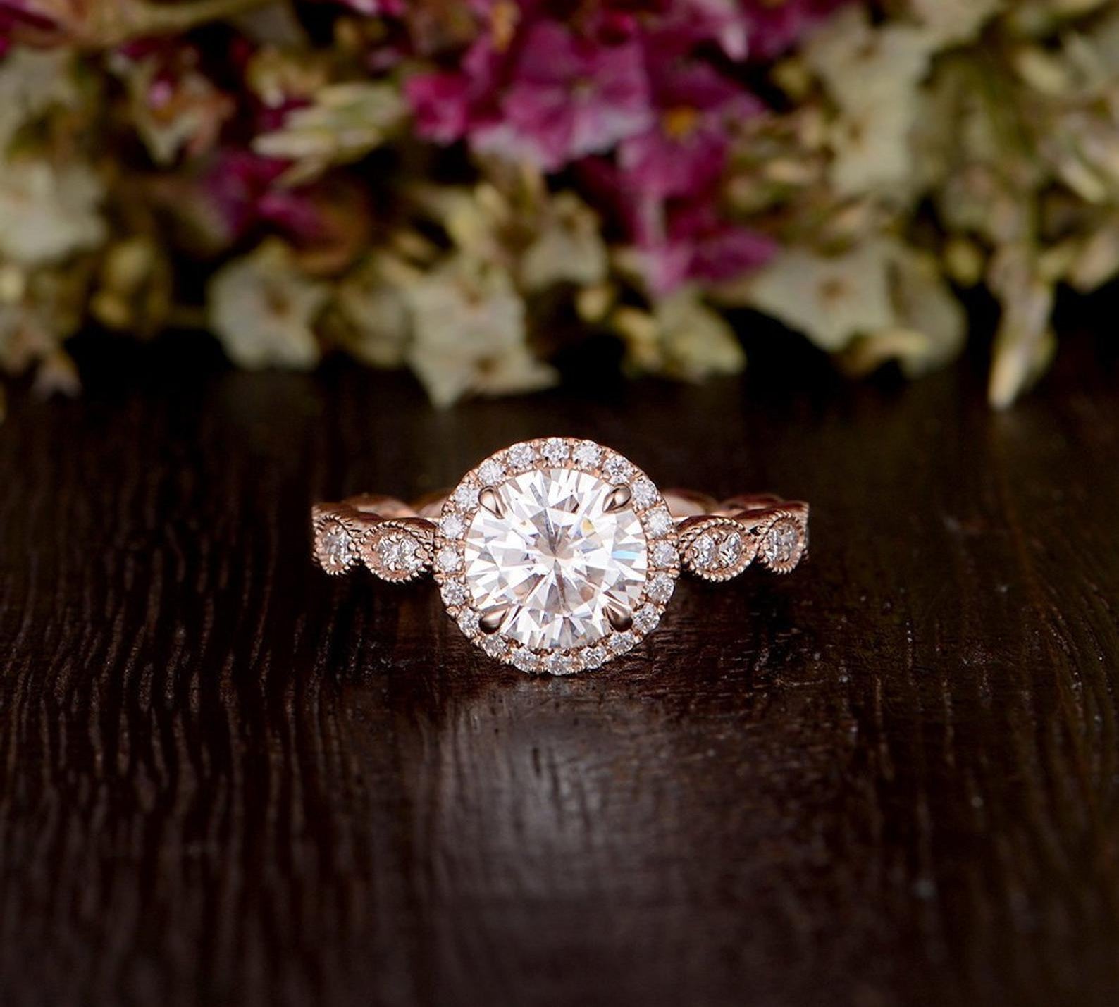 1.60 CT Round Cut Halo Milgrain Style Moissanite Engagement Ring 1