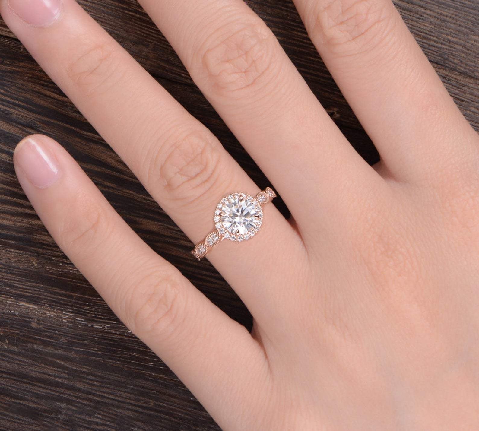 1.60 CT Round Cut Halo Milgrain Style Moissanite Engagement Ring 2