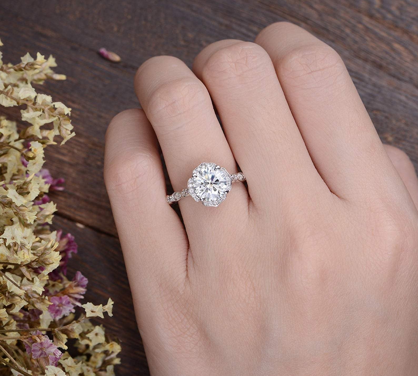 1.60 CT Round Cut Vintage Art Deco Moissanite Engagement Ring 2