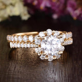 0.75 CT Round Halo Pave Moissanite Bridal Ring Set 7